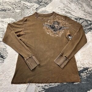 Loku Thermal Shirt Mens XL Brown Waffle Knit Thrashed Y2K Grunge MMA Elite